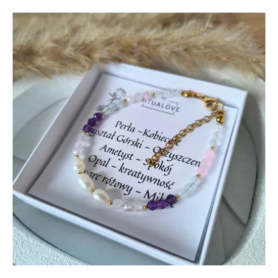 Bransoletka Perła Opal Kwarc Różowy Ametyst talizman amulet kobiecość oczyszczenie spokój